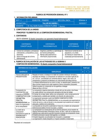 UNIVERSIDAD NACIONAL DEL CENTRO DEL PERÚ - FACULTAD DE ARQUITECTURA
DEPARTAMENTO DE ARQUITECTURA - ÁREA DE DISEÑO
RÚBRICAS DEL TALLER DE DISEÑO 1 / 2017-I
10
RUBRICA DE PROGRESIÓN SEMANAL Nº 5
1. INFORMACIÓN PRELIMINAR:
2017 – I SEMESTRE: PRIMERO SECCIÓN: ÚNICA SEMANA: 6
05/05/2017ASIGNATURA TALLER DE DISEÑO 1
DOCENTE Dr. Arq. Adolfo Gustavo CONCHA FLORES Alumno:
2. COMPETENCIA DE LA UNIDAD:
PRINCIPIOS Y ELEMENTOS DE LA COMPOSICIÓN BIDIMENSIONAL FRACTAL
3. CONTENIDOS:
SEXTA SEMANA: El diseño compositivo con geometría fractal bidimensional
CONTENIDOS
CONCEPTUALES
CONTENIDOS
PROCEDIMENTALES
CONTENIDOS
ACTITUDINALES
N°Tema
N°Semana
1. Conoce los conceptos y principios
ordenadores y compositivos y sus
elementos.
2. Aplica el lenguaje de la forma
bidimensional.
1. Organiza y planifica su aprendizaje
de manera participativa.
2. Maneja adecuadamente la
información proporcionada.
1. Interioriza el contenido de la
asignatura y la unidad.
2. Se interesa en desarrollar su
creatividad permanentemente.
9
5
4. RUBRICA DE EVALUACIÓN DE LAS ACTIVIDADES DE LA SEMANA 5
COMPOSICIÓN BIDIMENSIONAL: El diseño compositivo fractal bidimensional
CRITERIOS DE EVALUACIÓN PUNTAJE
GENÉRICOS ESPECÍFICOS 0 1 2
Técnica adecuada de
PRESENTACIÓN
Respeta el horario, el trabajo en el taller de carácter individual, formatos y
requisitos de entrega. La composición se realizara en una base rígida de 25
cm. x 25 cm., concretizada con cartulinas blanca, negra u otro color y la
composición a proponer se delineara con instrumentos del dibujo técnico.
La síntesis bidimensional se ve como un todo, no desarticulado, presenta una
idea al primer impacto de la vista respecto al tema compositivo propuesto.
Utiliza la escala y la proporción en la superficie a trabajar
(Base de 25cm x 25 cm).
Composición de
creatividad libre que
interpreta el DISEÑO
COMPOSITIVO CON
GEOMETRÍA
FRACTAL
BIDIMENSIONAL en
base a la organización
de la computadora
La composición organiza elementos a través del uso de puntos y las líneas,
los cuales definen una comprensión perceptiva del área de trabajo.
El manejo de la base rígida, define una composición, como consecuencia de
la observación y análisis pero también a la intuición de cada alumno.
La organización generada a partir del DISEÑO COMPOSITIVO CON
GEOMETRÍA FRACTAL BIDIMENSIONAL es una propuesta que experimenta la
mente del alumno y este es llevado a una propuesta cuya sustancia es la relación
adecuada y estética de los elementos.
La propuesta se encuentra sustentada en base de un diseño de composición
bidimensional estético formal innovador y creativo.
La visión de la
composición
demostrará el grado de
SENSIBILIDAD Y
PERCEPCIÓN
La composición es consecuencia de la vivencia personal y de la revisión de
diseños bidimensionales inherentes al tema, es decir, viene de la observación
metódica que cada alumno percibió durante el proceso de composición visual.
El diseño promueve nuevas interrogantes o un debate.
El diseño despierta una atmosfera de innovación y creatividad.
La organización creada despierta un impacto sensible al observador.
Resultado de la evaluación
 