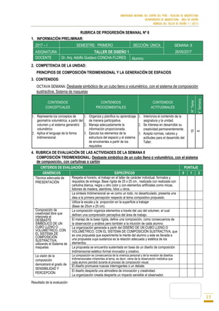 UNIVERSIDAD NACIONAL DEL CENTRO DEL PERÚ - FACULTAD DE ARQUITECTURA
DEPARTAMENTO DE ARQUITECTURA - ÁREA DE DISEÑO
RÚBRICAS DEL TALLER DE DISEÑO 1 / 2017-I
15
RUBRICA DE PROGRESIÓN SEMANAL Nº 8
1. INFORMACIÓN PRELIMINAR:
2017 – I SEMESTRE: PRIMERO SECCIÓN: ÚNICA SEMANA: 8
26/05/2017ASIGNATURA TALLER DE DISEÑO 1
DOCENTE Dr. Arq. Adolfo Gustavo CONCHA FLORES Alumno:
2. COMPETENCIA DE LA UNIDAD:
PRINCIPIOS DE COMPOSICIÓN TRIDIMENSIONAL Y LA GENERACIÓN DE ESPACIOS
3. CONTENIDOS:
OCTAVA SEMANA: Desbaste simbólico de un cubo lleno o volumétrico, con el sistema de composición
sustractiva. Sistema de maquetas
CONTENIDOS
CONCEPTUALES
CONTENIDOS
PROCEDIMENTALES
CONTENIDOS
ACTITUDINALES
N°Tema
N°Semana
1. Representa los conceptos de
geometría volumétrica, a partir del
volumen y el sistema generatriz
volumétrico
2. Aplica el lenguaje de la forma
tridimensional.
1. Organiza y planifica su aprendizaje
de manera participativa.
2. Maneja adecuadamente la
información proporcionada.
3. Ejecuta los elementos de la
estructura del espacio y el sistema
de envolventes a partir de los
requisitos
1. Interioriza el contenido de la
asignatura y la unidad.
2. Se interesa en desarrollar su
creatividad permanentemente.
3. Acepta normas, valores y
actitudes para el desarrollo del
Taller.
15
8
4. RUBRICA DE EVALUACIÓN DE LAS ACTIVIDADES DE LA SEMANA 8
COMPOSICIÓN TRIDIMENSIONAL: Desbaste simbólico de un cubo lleno o volumétrico, con el sistema
de composición, con cartulinas o cartón
CRITERIOS DE EVALUACIÓN PUNTAJE
GENÉRICOS ESPECÍFICOS 0 1 2
Técnica adecuada de
PRESENTACIÓN
Respeta el horario, el trabajo en el taller de carácter individual, formatos y
requisitos de entrega. Base rígida de 25 x 25 cm., realizada con realizada con
cartulina blanca, negra u otro color y con elementos artificiales como micas,
listones de madera, alambres, hilos u otros.
La síntesis tridimensional se ve como un todo, no desarticulado, presenta una
idea a la primera percepción respecto al tema compositivo propuesto.
Utiliza la escala y la proporción en la superficie a trabajar
(Base de 25cm x 25 cm).
Composición de
creatividad libre que
interpreta el
DESBASTE
SIMBÓLICO DE UN
CUBO LLENO O
VOLUMÉTRICO, CON
EL SISTEMA DE
COMPOSICIÓN
SUSTRACTIVA,
utilizando el Sistema de
maquetas
La composición organiza elementos a través del uso del volumen, el cual
definen una comprensión perceptiva del área de trabajo.
El manejo de la base rígida, define una composición, como consecuencia de
la observación y análisis pero también a la intuición de cada alumno.
La organización generada a partir del DISEÑO DE UN CUBO LLENO O
VOLUMÉTRICO, CON EL SISTEMA DE COMPOSICIÓN SUSTRACTIVA, que
es una propuesta que experimenta la mente del alumno y este es llevada a
una propuesta cuya sustancia es la relación adecuada y estética de los
elementos.
La propuesta se encuentra sustentada en base de un diseño de composición
tridimensional estético formal innovador y creativo.
La visión de la
composición
demostrará el grado de
SENSIBILIDAD Y
PERCEPCIÓN
La composición es consecuencia de la vivencia personal y de la revisión de diseños
tridimensionales inherentes al tema, es decir, viene de la observación metódica que
cada alumno percibió durante el proceso de composición visual.
El diseño promueve nuevas interrogantes o un debate.
El diseño despierta una atmosfera de innovación y creatividad.
La organización creada despierta un impacto sensible al observador.
Resultado de la evaluación
 
