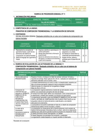 UNIVERSIDAD NACIONAL DEL CENTRO DEL PERÚ - FACULTAD DE ARQUITECTURA
DEPARTAMENTO DE ARQUITECTURA - ÁREA DE DISEÑO
RÚBRICAS DEL TALLER DE DISEÑO 1 / 2017-I
20
RUBRICA DE PROGRESIÓN SEMANAL Nº 11
1. INFORMACIÓN PRELIMINAR:
2017 – I SEMESTRE: PRIMERO SECCIÓN: ÚNICA SEMANA: 11
16/06/2017ASIGNATURA TALLER DE DISEÑO 1
DOCENTE Dr. Arq. Adolfo Gustavo CONCHA FLORES Alumno:
2. COMPETENCIA DE LA UNIDAD:
PRINCIPIOS DE COMPOSICIÓN TRIDIMENSIONAL Y LA GENERACIÓN DE ESPACIOS
3. CONTENIDOS:
DECIMA SEGUNDA SEMANA: Desbaste simbólico de un cubo con el sistema de composición con
planos fractales
CONTENIDOS
CONCEPTUALES
CONTENIDOS
PROCEDIMENTALES
CONTENIDOS
ACTITUDINALES
N°Tema
N°Semana
1. Representa los conceptos de
geometría fractal, a partir de los
elementos del sistema de
composición con planos fractales.
2. Aplica el lenguaje de la geometría
fractal.
1. Organiza y planifica su aprendizaje de
manera participativa.
2. Maneja adecuadamente la información
proporcionada.
3. Ejecuta los elementos de la estructura
del espacio y el sistema de envolventes
a partir de los requisitos
1. Interioriza el contenido de la
asignatura y la unidad.
2. Se interesa en desarrollar su
creatividad permanentemente.
3. Acepta normas, valores y
actitudes para el desarrollo del
Taller.
21
11
4. RUBRICA DE EVALUACIÓN DE LAS ACTIVIDADES DE LA SEMANA 11
COMPOSICIÓN TRIDIMENSIONAL: Desbaste simbólico de un cubo con el sistema de
composición con planos fractales
CRITERIOS DE EVALUACIÓN PUNTAJE
GENÉRICOS ESPECÍFICOS 0 1 2
Técnica adecuada de
PRESENTACIÓN
Respeta el horario, el trabajo en el taller de carácter individual, formatos y
requisitos de entrega. Base rígida de 25 x 25 cm., realizada con realizada con
elementos artificiales como la arcilla u otros.
La síntesis tridimensional se ve como un todo, no desarticulado, presenta una
idea a la primera percepción respecto al tema compositivo propuesto.
Utiliza la escala y la proporción en la superficie a trabajar
(Base de 25cm x 25 cm).
Composición de
creatividad libre que
interpreta el DESBASTE
SIMBÓLICO DE UN
CUBO CON EL
SISTEMA DE
COMPOSICIÓN CON
PLANOS FRACTALES,
utilizando el Sistema de
maquetas
La composición organiza elementos a través del uso del volumen, el cual
definen una comprensión perceptiva del área de trabajo.
El manejo de la base rígida, define una composición, como consecuencia de
la observación y análisis pero también a la intuición de cada alumno.
La organización generada a partir del DESBASTE SIMBÓLICO DE UN CUBO
CON EL SISTEMA DE COMPOSICIÓN CON PLANOS FRACTALES es una
propuesta vivida de la mente del alumno y este llevado a una relación
adecuada de los elementos.
La propuesta se encuentra sustentada en base de un diseño de composición
tridimensional estético formal innovador y creativo.
La visión de la
composición
demostrará el grado de
SENSIBILIDAD Y
PERCEPCIÓN
La composición es consecuencia de la vivencia personal y de la revisión de
diseños tridimensionales inherentes al tema, es decir, viene de la observación
metódica que cada alumno percibió durante el proceso de composición visual.
El diseño promueve nuevas interrogantes o un debate.
El diseño despierta una atmosfera de innovación y creatividad.
La organización creada despierta un impacto sensible al observador.
Resultado de la evaluación
 