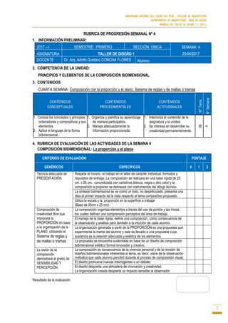 UNIVERSIDAD NACIONAL DEL CENTRO DEL PERÚ - FACULTAD DE ARQUITECTURA
DEPARTAMENTO DE ARQUITECTURA - ÁREA DE DISEÑO
RÚBRICAS DEL TALLER DE DISEÑO 1 / 2017-I
7
RUBRICA DE PROGRESIÓN SEMANAL Nº 4
1. INFORMACIÓN PRELIMINAR:
2017 – I SEMESTRE: PRIMERO SECCIÓN: ÚNICA SEMANA: 4
25/04/2017ASIGNATURA TALLER DE DISEÑO 1
DOCENTE Dr. Arq. Adolfo Gustavo CONCHA FLORES Alumno:
2. COMPETENCIA DE LA UNIDAD:
PRINCIPIOS Y ELEMENTOS DE LA COMPOSICIÓN BIDIMENSIONAL
3. CONTENIDOS:
CUARTA SEMANA: Composición con la proporción y el plano. Sistema de reglas y de mallas o tramas
CONTENIDOS
CONCEPTUALES
CONTENIDOS
PROCEDIMENTALES
CONTENIDOS
ACTITUDINALES
N°Tema
N°Semana
1. Conoce los conceptos y principios
ordenadores y compositivos y sus
elementos.
2. Aplica el lenguaje de la forma
bidimensional.
1. Organiza y planifica su aprendizaje
de manera participativa.
2. Maneja adecuadamente la
información proporcionada.
1. Interioriza el contenido de la
asignatura y la unidad.
2. Se interesa en desarrollar su
creatividad permanentemente.
06
4
4. RUBRICA DE EVALUACIÓN DE LAS ACTIVIDADES DE LA SEMANA 4
COMPOSICIÓN BIDIMENSIONAL: La proporción y el plano
CRITERIOS DE EVALUACIÓN PUNTAJE
GENÉRICOS ESPECÍFICOS 0 1 2
Técnica adecuada de
PRESENTACIÓN
Respeta el horario, el trabajo en el taller de carácter individual, formatos y
requisitos de entrega. La composición se realizara en una base rígida de 25
cm. x 25 cm., concretizada con cartulinas blanca, negra u otro color y la
composición a proponer se delineara con instrumentos del dibujo técnico.
La síntesis bidimensional se ve como un todo, no desarticulado, presenta una
idea al primer impacto de la vista respecto al tema compositivo propuesto.
Utiliza la escala y la proporción en la superficie a trabajar
(Base de 25cm x 25 cm).
Composición de
creatividad libre que
interpreta la
PROPORCIÓN en base
a la organización de la
PLANO, utilizando el
Sistema de reglas y
de mallas o tramas
La composición organiza elementos a través del uso de puntos y las líneas,
los cuales definen una comprensión perceptiva del área de trabajo.
El manejo de la base rígida, define una composición, como consecuencia de
la observación y análisis pero también a la intuición de cada alumno.
La organización generada a partir de la PROPORCIÓN es una propuesta que
experimenta la mente del alumno y este es llevado a una propuesta cuya
sustancia es la relación adecuada y estética de los elementos.
La propuesta se encuentra sustentada en base de un diseño de composición
bidimensional estético formal innovador y creativo.
La visión de la
composición
demostrará el grado de
SENSIBILIDAD Y
PERCEPCIÓN
La composición es consecuencia de la vivencia personal y de la revisión de
diseños bidimensionales inherentes al tema, es decir, viene de la observación
metódica que cada alumno percibió durante el proceso de composición visual.
El diseño promueve nuevas interrogantes o un debate.
El diseño despierta una atmosfera de innovación y creatividad.
La organización creada despierta un impacto sensible al observador.
Resultado de la evaluación
 