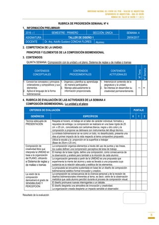 UNIVERSIDAD NACIONAL DEL CENTRO DEL PERÚ - FACULTAD DE ARQUITECTURA
DEPARTAMENTO DE ARQUITECTURA - ÁREA DE DISEÑO
RÚBRICAS DEL TALLER DE DISEÑO 1 / 2017-I
8
RUBRICA DE PROGRESIÓN SEMANAL Nº 4
1. INFORMACIÓN PRELIMINAR:
2016 – I SEMESTRE: PRIMERO SECCIÓN: ÚNICA SEMANA: 4
28/04/2017ASIGNATURA TALLER DE DISEÑO 1
DOCENTE Dr. Arq. Adolfo Gustavo CONCHA FLORES Alumno:
2. COMPETENCIA DE LA UNIDAD:
PRINCIPIOS Y ELEMENTOS DE LA COMPOSICIÓN BIDIMENSIONAL
3. CONTENIDOS:
QUINTA SEMANA: Composición con la unidad y el plano. Sistema de reglas y de mallas o tramas
CONTENIDOS
CONCEPTUALES
CONTENIDOS
PROCEDIMENTALES
CONTENIDOS
ACTITUDINALES
N°Tema
N°Semana
1. Conoce los conceptos y principios
ordenadores y compositivos y sus
elementos.
2. Aplica el lenguaje de la forma
bidimensional.
1. Organiza y planifica su aprendizaje
de manera participativa.
2. Maneja adecuadamente la
información proporcionada.
1. Interioriza el contenido de la
asignatura y la unidad.
2. Se interesa en desarrollar su
creatividad permanentemente.
7
4
4. RUBRICA DE EVALUACIÓN DE LAS ACTIVIDADES DE LA SEMANA 4
COMPOSICIÓN BIDIMENSIONAL: La unidad y el plano
CRITERIOS DE EVALUACIÓN PUNTAJE
GENÉRICOS ESPECÍFICOS 0 1 2
Técnica adecuada de
PRESENTACIÓN
Respeta el horario, el trabajo en el taller de carácter individual, formatos y
requisitos de entrega. La composición se realizara en una base rígida de 25
cm. x 25 cm., concretizada con cartulinas blanca, negra u otro color y la
composición a proponer se delineara con instrumentos del dibujo técnico.
La síntesis bidimensional se ve como un todo, no desarticulado, presenta una
idea al primer impacto de la vista respecto al tema compositivo propuesto.
Utiliza la escala y la proporción en la superficie a trabajar
(Base de 25cm x 25 cm).
Composición de
creatividad libre que
interpreta la UNIDAD en
base a la organización
del PLANO, utilizando
el Sistema de reglas y
de mallas o tramas
La composición organiza elementos a través del uso de puntos y las líneas,
los cuales definen una comprensión perceptiva del área de trabajo.
El manejo de la base rígida, define una composición, como consecuencia de
la observación y análisis pero también a la intuición de cada alumno.
La organización generada a partir de la UNIDAD es una propuesta que
experimenta la mente del alumno y este es llevado a una propuesta cuya
sustancia es la relación adecuada y estética de los elementos.
La propuesta se encuentra sustentada en base de un diseño de composición
bidimensional estético formal innovador y creativo.
La visión de la
composición
demostrará el grado de
SENSIBILIDAD Y
PERCEPCIÓN
La composición es consecuencia de la vivencia personal y de la revisión de
diseños bidimensionales inherentes al tema, es decir, viene de la observación
metódica que cada alumno percibió durante el proceso de composición visual.
El diseño promueve nuevas interrogantes o un debate.
El diseño despierta una atmosfera de innovación y creatividad.
La organización creada despierta un impacto sensible al observador.
Resultado de la evaluación
 