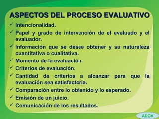 ASPECTOS DEL PROCESO EVALUATIVOASPECTOS DEL PROCESO EVALUATIVO
 Intencionalidad.
 Papel y grado de intervención de el evaluado y el
evaluador.
 Información que se desee obtener y su naturaleza
cuantitativa o cualitativa.
 Momento de la evaluación.
 Criterios de evaluación.
 Cantidad de criterios a alcanzar para que la
evaluación sea satisfactoria.
 Comparación entre lo obtenido y lo esperado.
 Emisión de un juicio.
 Comunicación de los resultados.
ADOV
 