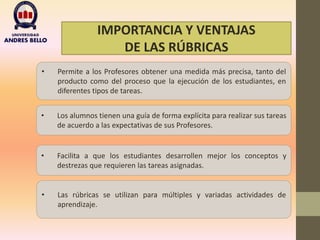 IMPORTANCIA Y VENTAJAS
DE LAS RÚBRICAS
• Permite a los Profesores obtener una medida más precisa, tanto del
producto como del proceso que la ejecución de los estudiantes, en
diferentes tipos de tareas.
• Los alumnos tienen una guía de forma explícita para realizar sus tareas
de acuerdo a las expectativas de sus Profesores.
• Facilita a que los estudiantes desarrollen mejor los conceptos y
destrezas que requieren las tareas asignadas.
• Las rúbricas se utilizan para múltiples y variadas actividades de
aprendizaje.
 