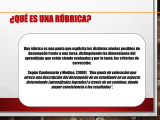 ¿QUÉ ES UNA RÚBRICA?
Una rúbrica es una pauta que explicita los distintos niveles posibles de
desempeño frente a una tarea, distinguiendo las dimensiones del
aprendizaje que están siendo evaluadas y por lo tanto, los criterios de
corrección.
Según Condemarín y Medina, (2000) “Una pauta de valoración que
ofrece una descripción del desempeño de un estudiante en un aspecto
determinado (aprendizajes logrados) a través de un continuo, dando
mayor consistencia a los resultados”.
 