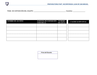 PREPARATORIA PART. INCORPORADA JUAN DE SAN MIGUEL




TEMA DE EXPOSICIÓN DEL EQUIPO: _______________________________________ Coordina: _______________




NOMBRE DE ALUMNO                    SUBTEMA DE EXPOSICIÓN      NÚMERO
                                                                              CALIFICACIÓN FINAL
                                    INDIVIDUAL                 DE LISTA




                                         Firma del Docente
 