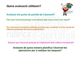 Quina avaluació utilitzem?


Avaluem els punts de partida de l’alumnat?

Fem que l’alumnat prengui consciència dels seus errors i els reguli?


Els instruments d’avaluació utilitzats serveixen per a conèixer si s’han assolit els
objectius proposats de manera significativa?




 Deixem que l’alumnat participi en l’elaboració dels criteris d’avaluació?

        Avaluem de quina manera planifica l’alumnat les
            operacions per a realitzar les tasques?
 