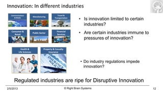 Innovation: In different industries
   Communications                                 Travel &
                           Manufacturing
      & Media                                  Transportation
                                                                      • Is innovation limited to certain
                                                                        industries?
   Consumer &
      Retail
                           Public Sector
                                                 Financial
                                                 Services             • Are certain industries immune to
                                                                        pressures of innovation?

             Health &                Property & Casualty
           Life Sciences                 Insurance



                                                                       • Do industry regulations impede
                                                                         innovation?


      Regulated industries are ripe for Disruptive Innovation
2/5/2013                                                   © Right Brain Systems                           12
 