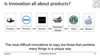 Is Innovation all about products?



                                         Business
  Product   Process    Service                      Value   Market
                                          Model




 The most difficult innovations to copy are those that combine
                 many things in a unique way
2/5/2013                © Right Brain Systems                        13
 