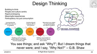 Design Thinking
 Building to think
 People and culture centric
 Rapid prototyping
 Meaningful experiences
 Participatory not just consumption




           You see things; and ask “Why?”; But I dream things that
               never were; and I say, “Why Not?” – G.B. Shaw
2/5/2013                              © Right Brain Systems          22
 