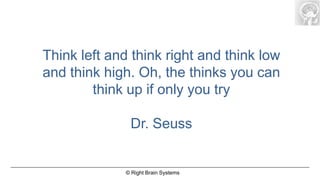 Think left and think right and think low
and think high. Oh, the thinks you can
        think up if only you try

               Dr. Seuss


              © Right Brain Systems
 