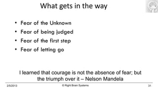 What gets in the way

      •    Fear of   the Unknown
      •    Fear of   being judged
      •    Fear of   the first step
      •    Fear of   letting go


           I learned that courage is not the absence of fear; but
                   the triumph over it – Nelson Mandela
2/5/2013                      © Right Brain Systems                 31
 
