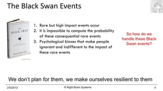 The Black Swan Events

           1. Rare but high impact events occur
           2. It is impossible to compute the probability
                                                              So how do we
              of these consequential rare events
                                                            handle these Black
           3. Psychological biases that make people           Swan events?
              ignorant and indifferent to the impact of
              these rare events




 We don’t plan for them, we make ourselves resilient to them
2/5/2013                    © Right Brain Systems                            4
 
