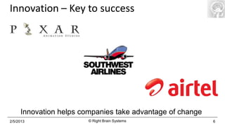 Innovation – Key to success




     Innovation helps companies take advantage of change
2/5/2013                © Right Brain Systems              6
 