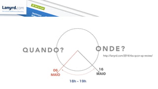 16 
MAIO
06
MAIO
18h - 19h
Q U A N D O ?
http://lanyrd.com/2014/rbs-qcon-sp-review/
O N D E ?
 
