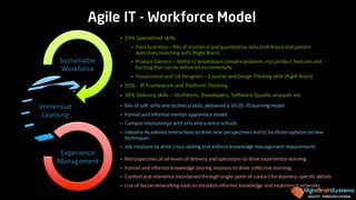 AGILITY THROUGH DESIGN
Agile IT - Workforce Model
• 20%	Specialized	skills
• Data	Scientists	– Mix	of	statistical	and	quantitative	skills	(Left	Brain)	and	pattern	
detection/matching	skills	(Right	Brain)
• Product	Owners	– Ability	to	breakdown	complex	problems	into	product	features	and	
backlog	that	can	be	delivered	incrementally
• Visualization	and	UX	Designers	– Creative	and	Design	Thinking	skills	(Right	Brain)
• 50%	- IP,	Framework	and	Platform	Thinking
• 30%	Delivery	skills	– Architects,	Developers,	Software	Quality	analysts	etc.
• Mix	of	soft	skills	and	technical	skills,	delivered	a	10-20-70	learning	model
• Formal	and	informal	mentor-apprentice	model
• Campus	relationships	with	arts	and	science	schools
• Industry-Academia	interactions	to	drive	new	perspectives	and	to	facilitate	updates	on	new	
techniques
• Job	rotations	to	drive	cross-skilling	and	enforce	knowledge	management	requirements
• Retrospectives	at	all	levels	of	delivery	and	operations	to	drive	experiential	learning
• Formal	and	informal	knowledge	sharing	sessions	to	drive	collective	learning
• Context	and	relevance	maintained	through	single-point	of	contact	for	business-specific	details
• Use	of	Social	networking	tools	to	establish	informal	knowledge	and	experience	networks
Sustainable	
Workforce
Immersive	
Learning
Experience	
Management
 