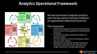 AGILITY THROUGH DESIGN
Analytics Operational Framework
Workforce
Analytics
Operational
Analytics
Customer
Analytics
Financial
Analytics
We help businesses integrate analytics
with the key metrics that are tracked on
an organization’s Balanced Scorecard1
This framework:
• Defines and measures key business performance
metrics across all four quadrants of the balanced
scorecard
• Synthesizes findings and delivers insights to
business leaders
• Performs analysis on metrics including variation
and root cause analysis
• Implements a closed loop feedback mechanism
that helps understand results and refine the
insights and actions through agile delivery
1 Kaplan, R. S. and D. P. Norton. 1992. The balanced scorecard - Measures that drive performance. Harvard Business Review (January-February): 71-79.
 