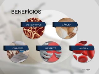 BENEFÍCIOS
OSTEOPOROS
E

DIABETES

CÂNCER

GASTRITE

ANEMIA

Fonte: FIESP

 