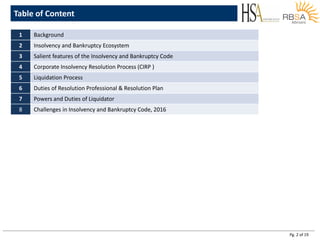 Pg. 2 of 19
1 Background
2 Insolvency and Bankruptcy Ecosystem
3 Salient features of the Insolvency and Bankruptcy Code
4 Corporate Insolvency Resolution Process (CIRP )
5 Liquidation Process
6 Duties of Resolution Professional & Resolution Plan
7 Powers and Duties of Liquidator
8 Challenges in Insolvency and Bankruptcy Code, 2016
Table of Content
 