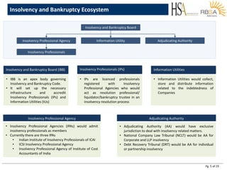 Pg. 5 of 19
Insolvency and Bankruptcy Ecosystem
Insolvency and Bankruptcy Board
Information UtilityInsolvency Professional Agency Adjudicating Authority
Insolvency Professionals
Insolvency and Bankruptcy Board (IBB)
• IBB is an apex body governing
Insolvency and Bankruptcy Code.
• It will set up the necessary
infrastructure and accredit
Insolvency Professionals (IPs) and
Information Utilities (IUs)
Adjudicating Authority
• Adjudicating Authority (AA) would have exclusive
jurisdiction to deal with insolvency related matters.
• National Company Law Tribunal (NCLT) would be AA for
Corporate and LLP insolvency
• Debt Recovery Tribunal (DRT) would be AA for individual
or partnership insolvency
Information Utilities
• Information Utilities would collect,
store and distribute information
related to the indebtedness of
Companies
Insolvency Professional Agency
• Insolvency Professional Agencies (IPAs) would admit
insolvency professionals as members
• Currently there are three IPAs
• Indian Institute of Insolvency Professionals of ICAI
• ICSI Insolvency Professional Agency
• Insolvency Professional Agency of Institute of Cost
Accountants of India
Insolvency Professionals (IPs)
• IPs are licenced professionals
registered with Insolvency
Professional Agencies who would
act as resolution professional/
liquidator/bankruptcy trustee in an
insolvency resolution process
 