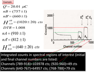 Example Integrated counts in spectral regions of interest (initial and final channel numbers are listed:Channels (789-918)=103978 cts; (920-960)=49 ctsChannels (640-767)=64957 cts; (768-788)=79 cts