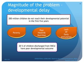 Magnitude of the problem –
developmental delay
1911/14
OPERATIONAL GUIDELINES: Rashtriya Bal Swasthya Karyakram (RBSK)
Newborn week 2014
14
200 million children do not reach their developmental potential
in the first five years
Poverty
Lack
Of
Early
stimulation
Poor
Health&
Nutrition
20 % of children discharged from SNCU
have poor developmental outcome
 