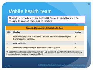 Mobile health team
1911/14
OPERATIONAL GUIDELINES: Rashtriya Bal Swasthya Karyakram (RBSK)
Newborn week 2014
20
At least three dedicated Mobile Health Teams in each Block will be
engaged to conduct screening of children
 