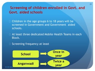Screening of children enrolled in Govt. and
Govt. aided schools
 Children in the age groups 6 to 18 years will be
screened in Government and Government aided
schools.
 At least three dedicated Mobile Health Teams in each
Block.
 Screening frequency at least
12/29/2014
23
School
Anganwadi
Once in
year
Twice a
year
 