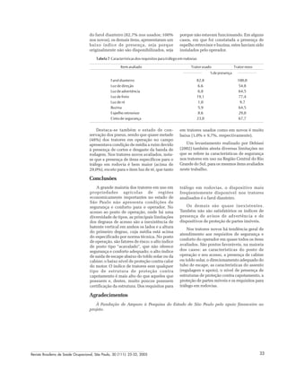 Revista Brasileira de Saúde Ocupacional, São Paulo, 30 (111): 25-33, 2005 33
do farol dianteiro (82,7% nos usados; 100%
nos novos), os demais itens, apresentaram um
baixo índice de presença, seja porque
originalmente não são disponibilizados, seja
porque não estavam funcionando. Em alguns
casos, em que foi constatada a presença de
espelho retrovisor e buzina, estes haviam sido
instalados pelo operador.
Tabela7 Característicasdosrequisitosparatráfegoemrodovias
Itemavaliado Tratorusado Tratornovo
%depresença
Faroldianteiro 82,8 100,0
Luzdedireção 6,6 54,8
Luzdeadvertência 6,8 64,5
Luzdefreio 19,1 77,4
Luzderé 1,0 9,7
Buzina 5,9 64,5
Espelhoretrovisor 8,6 29,0
Cintodesegurança 23,0 67,7
Destaca-se também o estado de con-
servação dos pneus, sendo que quase metade
(48%) dos tratores em operação no campo
apresentava condição de média a ruim devido
à presença de cortes e desgaste da banda de
rodagem. Nos tratores novos avaliados, nota-
se que a presença de itens específicos para o
tráfego em rodovia é bem maior (acima de
29,0%), exceto para o item luz de ré, que tanto
em tratores usados como em novos é muito
baixa (1,0% e 9,7%, respectivamente).
Um levantamento realizado por Debiasi
(2002) também atesta diversas limitações no
que se refere às características de segurança
nos tratores em uso na Região Central do Rio
Grande do Sul, para os mesmos itens avaliados
neste trabalho.
Conclusões
A grande maioria dos tratores em uso em
propriedades agrícolas de regiões
economicamente importantes no estado de
São Paulo não apresenta condições de
segurança e conforto para o operador. No
acesso ao posto de operação, onde há uma
diversidade de tipos, as principais limitações
dos degraus de acesso são a inexistência de
batente vertical em ambos os lados e a altura
do primeiro degrau, cuja média está acima
do especificado por norma técnica. No posto
de operação, são fatores de risco: o alto índice
de posto tipo “acavalado”, que não oferece
segurança e conforto adequado; o alto índice
de saída de escape abaixo do toldo solar ou da
cabine; o baixo nível de proteção contra calor
do motor. O índice de tratores sem qualquer
tipo de estrutura de proteção contra
capotamento é mais alto do que aqueles que
possuem e, destes, muito poucos possuem
certificação da estrutura. Dos requisitos para
tráfego em rodovias, o dispositivo mais
freqüentemente disponível nos tratores
analisados é o farol dianteiro.
Os demais são quase inexistentes.
Também não são satisfatórios os índices de
presença de avisos de advertência e de
dispositivos de proteção de partes imóveis.
Nos tratores novos há tendência geral de
atendimento aos requisitos de segurança e
conforto do operador em quase todos os itens
avaliados. São pontos favoráveis, na maioria
dos casos: as características do posto de
operação e seu acesso, a presença de cabine
ou toldo solar, o direcionamento adequado do
tubo de escape, as características do assento
(regulagem e apoio), o nível de presença de
estruturas de proteção contra capotamento, a
proteção de partes móveis e os requisitos para
tráfego em rodovias.
Agradecimentos
À Fundação de Amparo à Pesquisa do Estado de São Paulo pelo apoio financeiro ao
projeto.
 