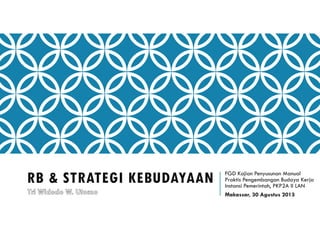 RB & STRATEGI KEBUDAYAAN FGD Kajian Penyusunan Manual
Praktis Pengembangan Budaya Kerja
Instansi Pemerintah, PKP2A II LAN
Makassar, 30 Agustus 2013
 
