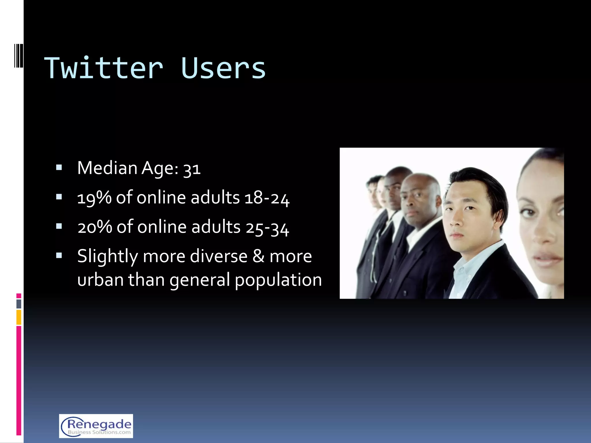 Twitter Users

 Median Age: 31
 19% of online adults 18-24
 20% of online adults 25-34
 Slightly more diverse & more
  urban than general population
 