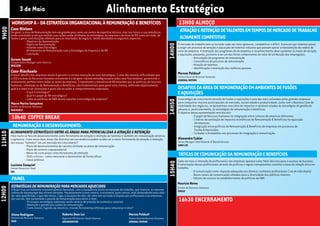 3 de Maio                                                              Alinhamento Estratégico
        WORKSHOP A - DA ESTRATÉGIA ORGANIZACIONAL À REMUNERAÇÃO & BENEFÍCIOS                                                                       13H00 ALMOÇO
        Case Nielsen
9H00


        Em geral, a área de Remuneração tem um grande peso como um centro de expertise técnico, mas seu futuro e sua relevância                     ATRAÇÃO E RETENÇÃO DE TALENTOS EM TEMPOS DE MERCADO DE TRABALHO
        estão vinculados a em que medida suas ações estão alinhadas às estratégias da empresa e da área de RH como um todo, de
        forma a gerar contribuições efetivas para os resultados do negócio. Serão abordados os seguintes aspectos:                                  ALTAMENTE COMPETITIVO
                   - Objetivos da Apresentação
                   - Papéis de Remuneração                                                                                                         O mercado de trabalho tem se tornado cada vez mais agressivo, competitivo e difícil. A procura por talentos passa




                                                                                                                                           14H00
                   - Falando sobre Estratégia                                                                                                      a exigir um processo de atração e aquisição de talentos robustos que possam apoiar a manutenção da cadeia de
                   - Alinhamento de Remuneração com a Estratégia da Empresa e de RH                                                                valor da empresa. A interação dos programas de recompensa e reconhecimento deve sustentar os níveis de atração
                   - Conclusão                                                                                                                     e aquisição, passando, portanto a ser um dos fortes componentes de valor de atribuição dos empregados.
                                                                                                                                                               - Articulação de programas de remuneração
        Gerson Sasaki                                                                                                                                          - Consistência do processo de remuneração
        Compensation Manager Latin America
        NIELSEN                                                                                                                                                - Atração de talentos
                                                                                                                                                               - Identificação e avaliação das melhores pessoas
        Case Riachuelo                                                                                                                             Marcos Poldauf
        O maior desafio das empresas atuais é garantir a correta execução de suas estratégias. E uma das maiores dificuldades que                  Diretor Geral de Recursos Humanos
        o CEO e a área de Recursos Humanos encontram é a de gerar clareza estratégica para todos seus funcionários, garantindo o                   GENERAL MOTORS
        alinhamento perfeito entre todas as áreas da empresa. É importante o executivo de RH entender que as políticas de recursos
        humanos, sobretudo as de Remuneração e Benefícios, são fundamentais para gerar esta clareza, definindo objetivamente
        qual é a meta a ser alcançada e quais são as ações e comportamentos esperados.                                                             DESAFIOS DA ÁREA DE REMUNERAÇÃO EM AMBIENTES DE FUSÕES
                    - O que é estratégia?
                    - Qual é o papel do RH estratégico?
                                                                                                                                                   E AQUISIÇÕES
                    - Como as políticas de R&B devem suportar a estratégia da empresa?                                                             A estratégia de crescimento através de fusões e aquisições é uma das mais utilizadas pelas grandes empresas




                                                                                                                                           14H50
        Mauro Marins Gonçalves                                                                                                                     para conquistar maiores participações de mercado, lucratividade e produtividade. Junto com o Business Case de
        Diretor de Recursos Humanos                                                                                                                viabilidade dos negócios, se apresentam uma série de impactos e variáveis aliadas às estratégias de gestão de
        RIACHUELO                                                                                                                                  pessoas e, particularmente, às estratégias de remuneração e benefícios.
                                                                                                                                                   O objetivo desta apresentação será discutir:
        10h40 COFFEE BREAK                                                                                                                                     - O papel de Recursos Humanos na integração entre culturas de empresas diferentes.
                                                                                                                                                               - Critérios de avaliação de impactos econômicos de Remuneração & Benefícios na aquisição
                                                                                                                                                                 de empresas.
         REMUNERAÇÃO X DESENVOLVIMENTO:                                                                                                                        - Integração entre políticas de Remuneração & Benefícios de empresas em processos de
                                                                                                                                                                 Fusões & Aquisições.
        ALINHAMENTO ESTRATÉGICO ENTRE AS ÁREAS PARA POTENCIALIZAR A ATRAÇÃO E RETENÇÃO
11H10




                                                                                                                                                               - Cuidados e Armadilhas nos processos de integração e comunicação.
        Hoje muito se fala em desenvolvimento como ferramenta de atração e retenção de talentos e também em remuneração atrativa
        e agressiva. Como essas duas áreas tão distintas em sua essência podem unidas ser a maior ferramenta de atração e retenção                 Alexandre Cukier
        dos nossos “talentos” em um mercado em crescimento?                                                                                        Senior Manager Total Rewards & Shared Services
                   - Plano de desenvolvimento de carreira alinhado ao plano de remuneração                                                         SARA LEE
                   - Plano de carreira x equipzsalarial
                   - Bônus de curto prazo como ferramenta de retenção
                   - Skills críticos – como remunerar e desenvolver de forma eficaz                                                                TÁTICAS DE COMUNICAÇÃO DA REMUNERAÇÃO E BENEFÍCIOS
                   - Casos práticos                                                                                                                Cada vez mais a retenção de profissionais nas empresas aparece como fator decisivo para o sucesso do business.


                                                                                                                                           15H40
        Luciana Ezequiel                                                                                                                           A valorização desses profissionais através de políticas e regras transparentes constitui a base da relação ética no
        Human Resources Head                                                                                                                       trabalho.
        DHL                                                                                                                                                   - A comunicação como resposta adequada aos diversos contextos profissionais ( via de mão dupla)
                                                                                                                                                              - Novos canais de comunicação voltados para a diversidade dos públicos internos
        PAINEL                                                                                                                                                - Fatores de sucesso no estabelecimento de políticas de R&B
                                                                                                                                                   Maurício Neves
        ESTRATÉGIAS DE REMUNERAÇÃO PARA MERCADOS AQUECIDOS
12H00




                                                                                                                                                   Diretor de Recursos Humanos
        O Brasil vive um momento economicamente favorável, com conseqüência direta no mercado de trabalho, que vivencia os menores                 TEKSID
        índices de desemprego das ultimas décadas. Paralelamente a este cenário, a economia, para crescer, está demandando mais mão-
        de-obra qualificada, o que não temos. Logo, a escassez de mão-de-obra tem acirrado a disputa por profissionais e as empresas,
        por sua vez, têm aumentado o pacote de remuneração para atrair e reter.
                     - Principais estratégias adotadas neste cenário de pressão de aumentos salariais                                              16h30 ENCERRAMENTO
                     - Retenção x gestão dos custos da remuneração
                     - Como inovar, fugindo da mesmice, criando ferramentas efetivas para remunerar e reter?
        Silene Rodrigues                         Roberto Youn Lui                                      Marcos Poldauf
        Diretora de Recursos Humanos             Regional HR Director South America                    Diretor Geral de Recursos Humanos
        NIKE                                     ARVINMERITOR                                          GENERAL MOTORS
 