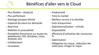 Bénéfices d’aller vers le Cloud 
› Plus flexible – élasticité 
› Plus performant 
› Stockage presque illimité 
› Capacité de calcul sur demande 
› Real-time 
› Mobilité et accessibilité 
› Portabilité (fonctionne sur toutes les 
plateformes: IOS, Windows, Linux, 
Android, etc) 
› Collaboration 
› Innovation 
› Productivité 
› Time to market 
› Meilleur service à la clientèle 
› Coût d’acquisition 
› Opérationnalisation - criticité 
› Disponibilité 
› Efficience d’utilisation des ressources 
TI 
› Optimisation 
› Délégation du risque , réduction des 
coûts pour mitiger le risque 
 