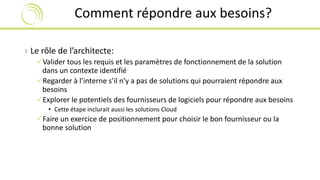 Comment répondre aux besoins? 
› Le rôle de l’architecte: 
Valider tous les requis et les paramètres de fonctionnement de la solution 
dans un contexte identifié 
Regarder à l’interne s’il n’y a pas de solutions qui pourraient répondre aux 
besoins 
Explorer le potentiels des fournisseurs de logiciels pour répondre aux besoins 
• Cette étape inclurait aussi les solutions Cloud 
Faire un exercice de positionnement pour choisir le bon fournisseur ou la 
bonne solution 
 