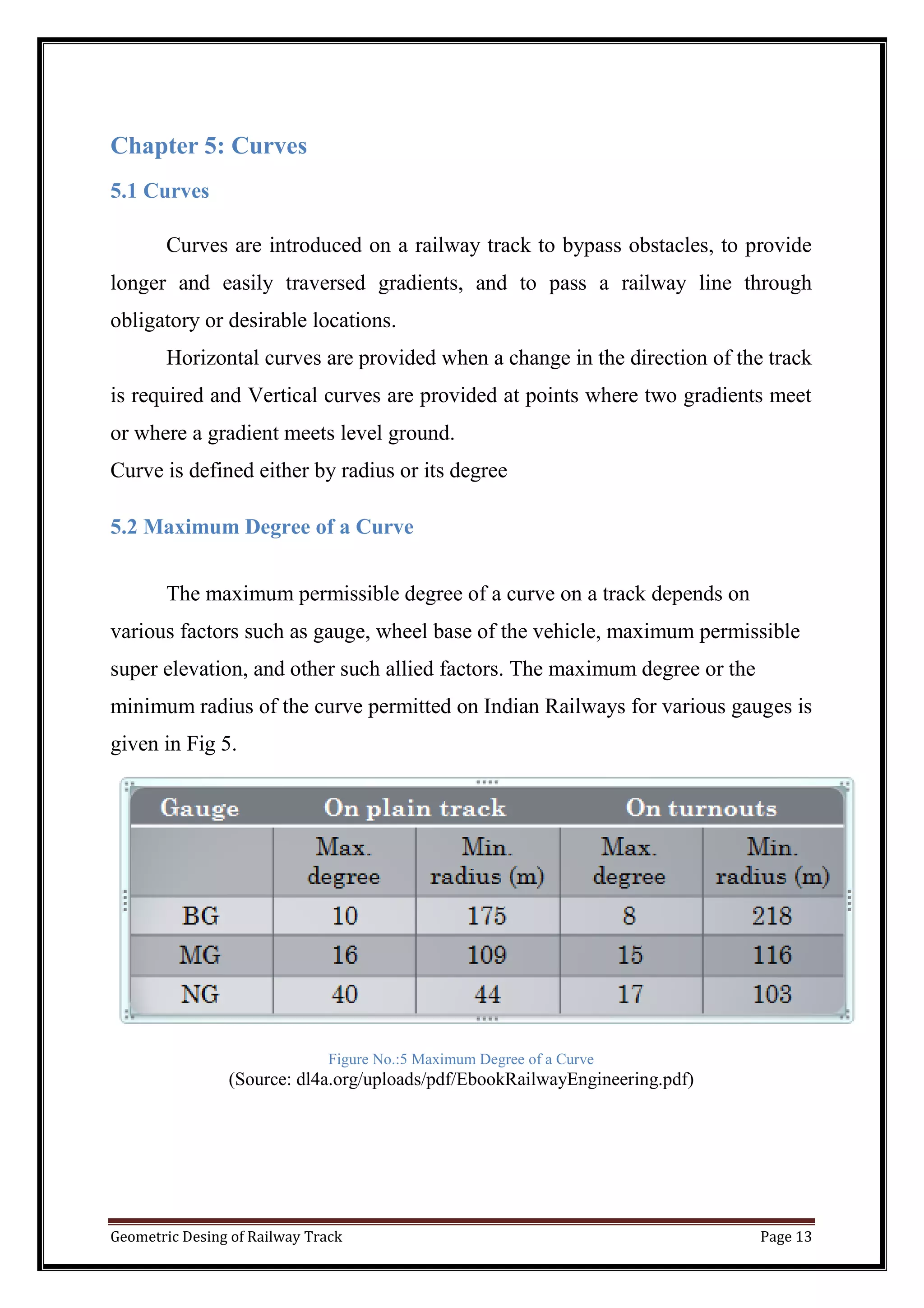 Geometric Desing of Railway Track Page 13
Chapter 5: Curves
5.1 Curves
Curves are introduced on a railway track to bypass obstacles, to provide
longer and easily traversed gradients, and to pass a railway line through
obligatory or desirable locations.
Horizontal curves are provided when a change in the direction of the track
is required and Vertical curves are provided at points where two gradients meet
or where a gradient meets level ground.
Curve is defined either by radius or its degree
5.2 Maximum Degree of a Curve
The maximum permissible degree of a curve on a track depends on
various factors such as gauge, wheel base of the vehicle, maximum permissible
super elevation, and other such allied factors. The maximum degree or the
minimum radius of the curve permitted on Indian Railways for various gauges is
given in Fig 5.
Figure No.:5 Maximum Degree of a Curve
(Source: dl4a.org/uploads/pdf/EbookRailwayEngineering.pdf)
 