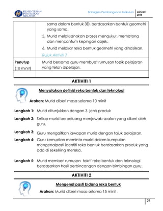 Bahagian Pembangunan Kurikulum Januari
2015
29
sama dalam bentuk 3D, berdasarkan bentuk geometri
yang sama.
5. Murid melaksanakan proses mengukur, memotong
dan mencantum kepingan objek.
6. Murid melakar reka bentuk geometri yang dihasilkan.
Rujuk Aktiviti 7
Penutup
(10 minit)
Murid bersama guru membuat rumusan topik pelajaran
yang telah dipelajari.
AKTIVITI 1
Menyatakan definisi reka bentuk dan teknologi
Arahan: Murid diberi masa selama 10 minit
Langkah 1: Murid ditunjukkan dengan 3 jenis produk
Langkah 2: Setiap murid berpeluang menjawab soalan yang diberi oleh
guru.
Langkah 3: Guru mengaitkan jawapan murid dengan tajuk pelajaran.
Langkah 4:
Langkah 5:
Guru kemudian meminta murid dalam kumpulan
mengenalpasti identiti reka bentuk berdasarkan produk yang
ada di sekeliling mereka.
Murid memberi rumusan takrif reka bentuk dan teknologi
berdasarkan hasil perbincangan dengan bimbingan guru.
AKTIVITI 2
Mengenal pasti bidang reka bentuk
Arahan: Murid diberi masa selama 15 minit .
 