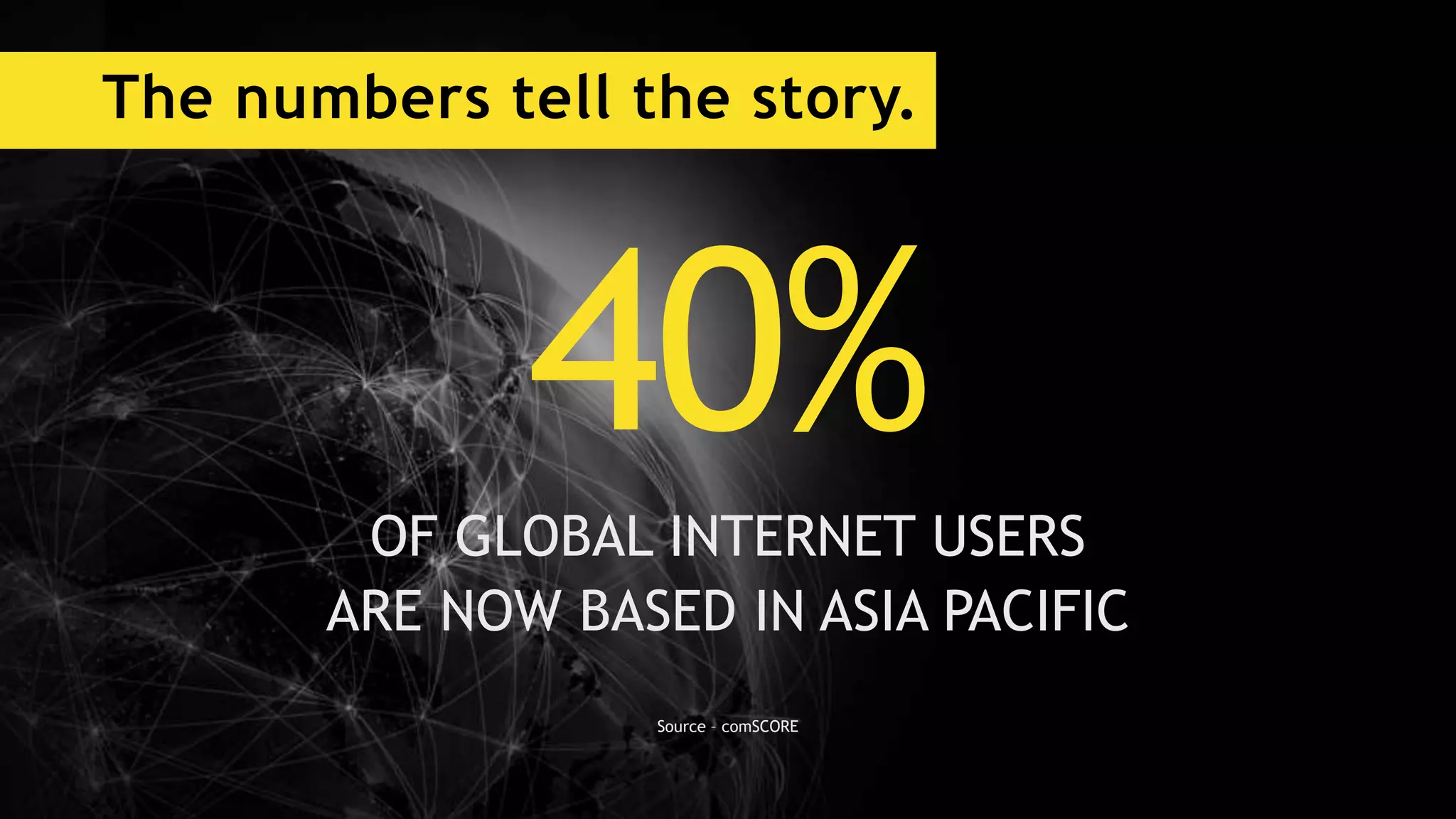 The numbers tell the story.
40%OF GLOBAL INTERNET USERS
ARE NOW BASED IN ASIA PACIFIC
Source – comSCORE
 