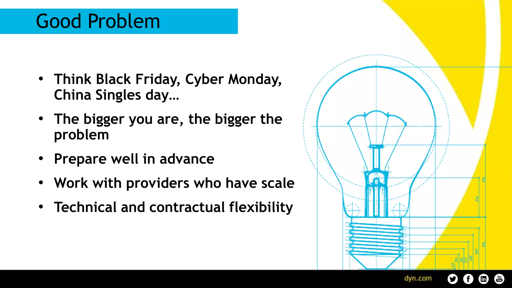 • Think Black Friday, Cyber Monday,
China Singles day…
• The bigger you are, the bigger the
problem
• Prepare well in advance
• Work with providers who have scale
• Technical and contractual flexibility
Good Problem
 