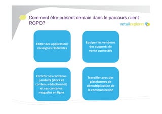 Comment être présent demain dans le parcours client
ROPO?

Editer des applications
enseignes référentes

Equiper les vendeurs
des supports de
vente connectés

Enrichir ses contenus
produits (stock et
contenu rédactionnel)
et ses contenus
magasins en ligne

Travailler avec des
plateformes de
démultiplication de
la communication

 