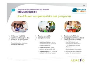 24

L’Imprimé Publicitaire diffusé sur Internet

PROMODECLIC.FR

Une diffusion complémentaire des prospectus

Offre une visibilité
additionnelle auprès des
lecteurs de prospectus
Géolocalisation des deux
modes de diffusion.

Touche une cible
complémentaire

Maximise le ROI des
campagnes on line grâce à
une audience qualifiée

• Les intouchables : zones
non distribuées et zones de
chalandise élargie

• Site 100% dédié aux
enseignes de distribution :
« Le réflexe des bonnes
affaires ».

• Les écolo promo : stoppubeurs qui aiment la pub
• Les web-centrics : 100% de
recherche d’info sur le web

• Géolocalisation immédiate.
• Recherche des catalogues
autour du consommateur.

 