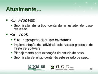 Atualmente... RBT Process : Submissão de artigo contendo o estudo de caso realizado. RBT Tool : Site: http://pma.dsc.upe.br/rbttool/ Implementação das atividade relativas ao processo de Teste de Software Planejamento para execução de estudo de caso Submissão de artigo contendo este estudo de caso. 