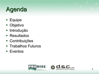 Agenda Equipe Objetivo Introdução Resultados Contribuições Trabalhos Futuros Eventos 