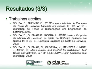 Resultados (3/3) Trabalhos aceitos: SOUZA, E.; GUSMÃO C.;  RBTProcess - Modelo de Processo de Teste de Software baseado em Riscos.  In: 13º WTES - Workshop de Teses e Dissertações em Engenharia de Software, 2008.  SOUZA, E.; GUSMÃO C.; ROCHA, H.  RBTProcess - Proposta de Modelo de Processo de Teste de Software baseado em Riscos . In: III EBTS – Encontro Brasileiro de Teste de Software, 2008.  SOUZA, E.; GUSMÃO, C.; OLIVEIRA, K.; MENEZES JUNIOR, J., MELO, R;  Measurement and Control for Risk-based Test Cases and Activities . In: 10th IEEE LATW – Latin American Test Workshop, 2009. 