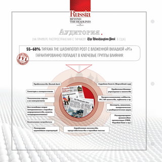 аудитОрия
   (нА пРИмеРе РАспРостРАненИя с тИРАжом          в сША)

55–60% тиРажа ThE WAShIngTOn POST С вложенной вкладкой «Рг»
    гаРантиРованно попадает в ключевые гРуппы влияния:
 