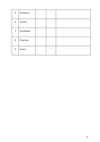 14
5 Keringkasan /
6 Harmoni /
7 Kepelbagaian /
8 Pergerakan /
9 Kontras /
 