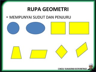 RUPA GEOMETRI
• MEMPUNYAI SUDUT DAN PENJURU
 