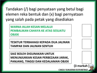 Tandakan (/) bagi penyataan yang betul bagi
elemen reka bentuk dan (x) bagi pernyataan
yang salah pada petak yang disediakan
{3 markah ]
x
/
/
WARNA IALAH KESAN MELALUI
PEMBALIKAN CAHAYA KE ATAS SESUATU
OBJEK
TESKTUR TERBAHAGI KEPADA DUA JALINAN
TAMPAK DAN JALINAN SENTUH
SAIZ BOLEH DIGUNAKAN UNTUK
MENUNJUKKAN KESAN PERBEZAAN JARAK,
PANJANG, TINGGI DAN KEDALAMAN OBJEK
 