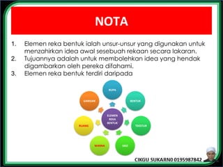 NOTA
1. Elemen reka bentuk ialah unsur-unsur yang digunakan untuk
menzahirkan idea awal sesebuah rekaan secara lakaran.
2. Tujuannya adalah untuk membolehkan idea yang hendak
digambarkan oleh pereka difahami.
3. Elemen reka bentuk terdiri daripada
ELEMEN
REKA
BENTUK
RUPA
BENTUK
TEKSTUR
SAIZ
WARNA
RUANG
GARISAN
 