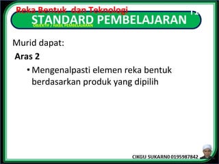 Murid dapat:
Aras 2
• Mengenalpasti elemen reka bentuk
berdasarkan produk yang dipilih
STANDARD PEMBELAJARAN
Reka Bentuk dan Teknologi T1
OBJEKTIF / HASIL PEMBELAJARAN
 