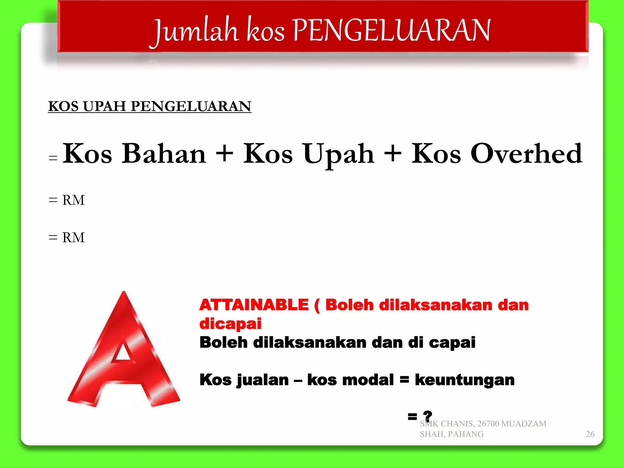 Jumlah kos PENGELUARAN
KOS UPAH PENGELUARAN
= Kos Bahan + Kos Upah + Kos Overhed
= RM
= RM
ATTAINABLE ( Boleh dilaksanakan dan
dicapai
Boleh dilaksanakan dan di capai
Kos jualan – kos modal = keuntungan
= ?SMK CHANIS, 26700 MUADZAM
SHAH, PAHANG 26
 