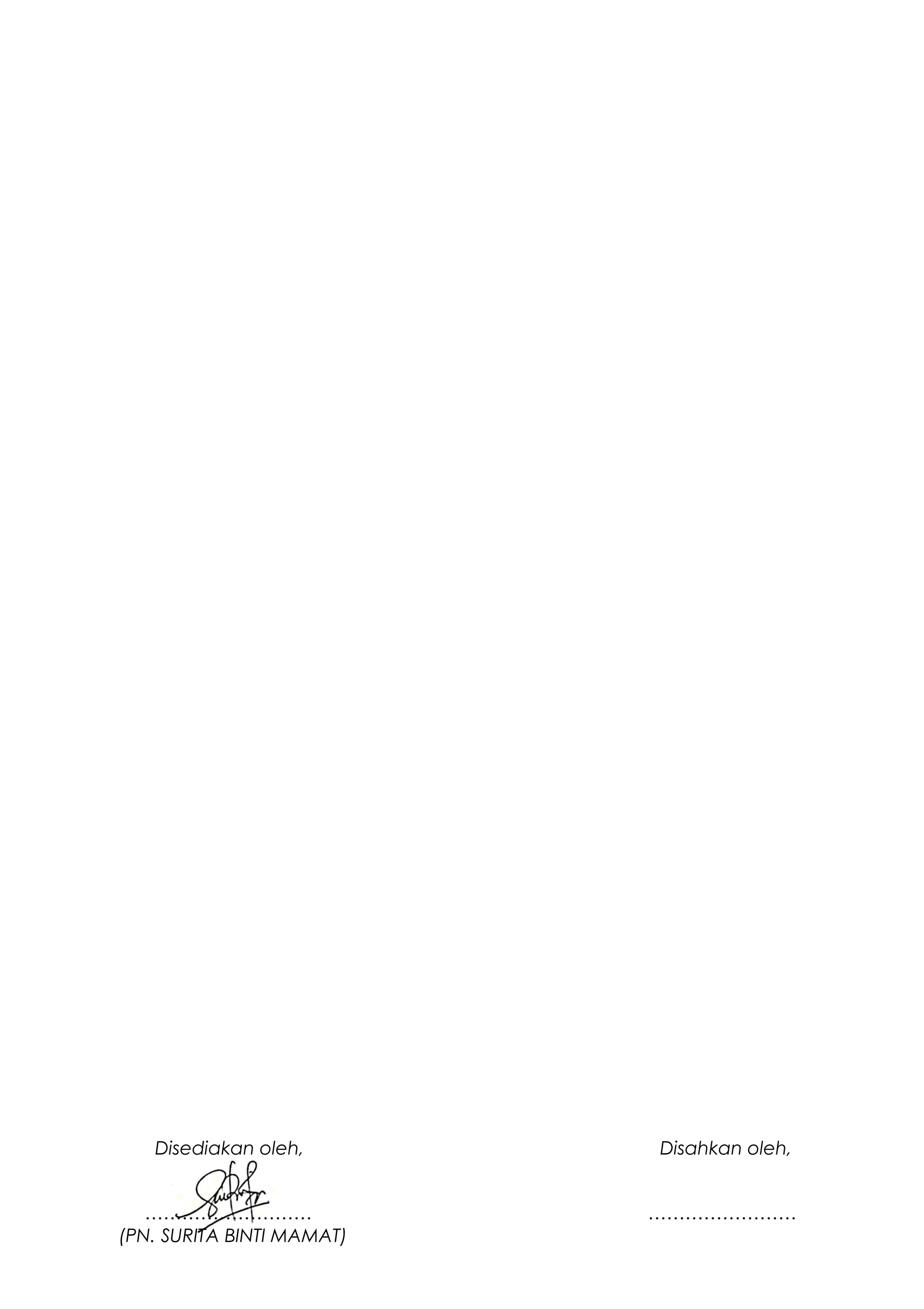 Disediakan oleh, Disahkan oleh,
……………………… ……………………
(PN. SURITA BINTI MAMAT)
 